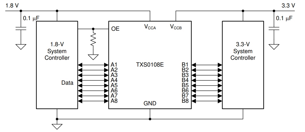 Application Circuit Diagram - SparkFun Level Shifter - 8 Channel (TXS0108E)